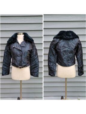 Vintage 90s y2k Navy Blue Iridescent Wide Collar Post‎ Card Aviator Moto Coat 6